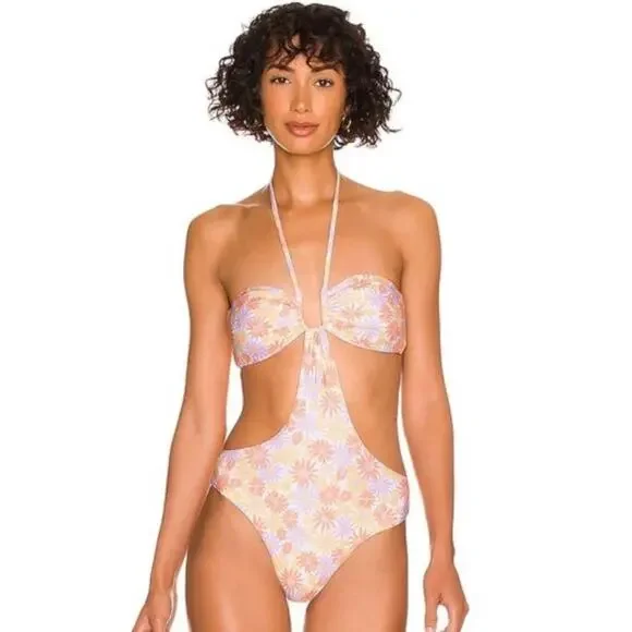L*SPACE Marina One Piece Bitsy Swimsuit Cut-Out Oopsie Daisy Tie Medium NEW - Picture 2 of 9